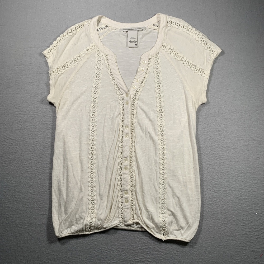 American Rag Oatmeal Crochet Trim Button Front Top Blouse'‎ Ladies Medium